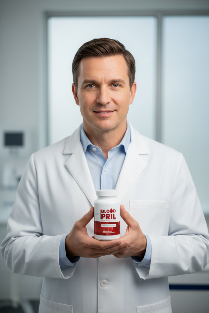 Medical professional pointing to BloodPril as a botanical option for pressure balance